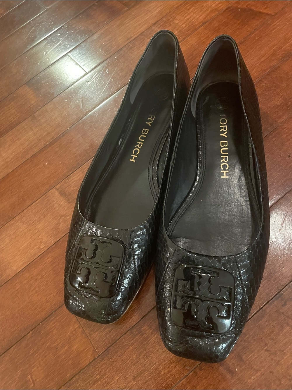 Tory Burch Black Snake-Embossed Pointed Ballet Flats with Logo Plaque- 10.5M